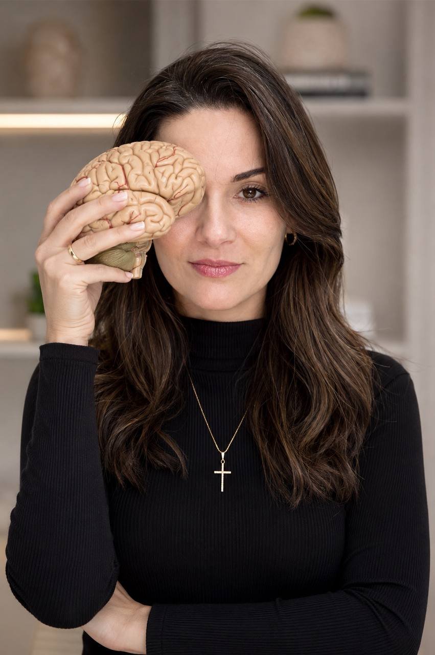 Marina Behenck segurando um modelo de cérebro
